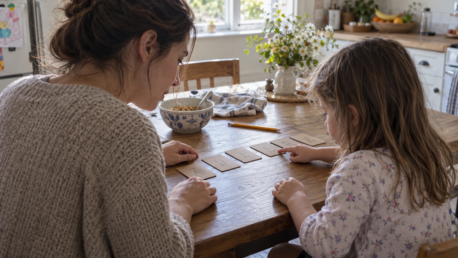Une petite fille et sa mère, assises côte à côte à une table de cuisine, regardent ensemble les lettres de son prénom écrites sur des cartons