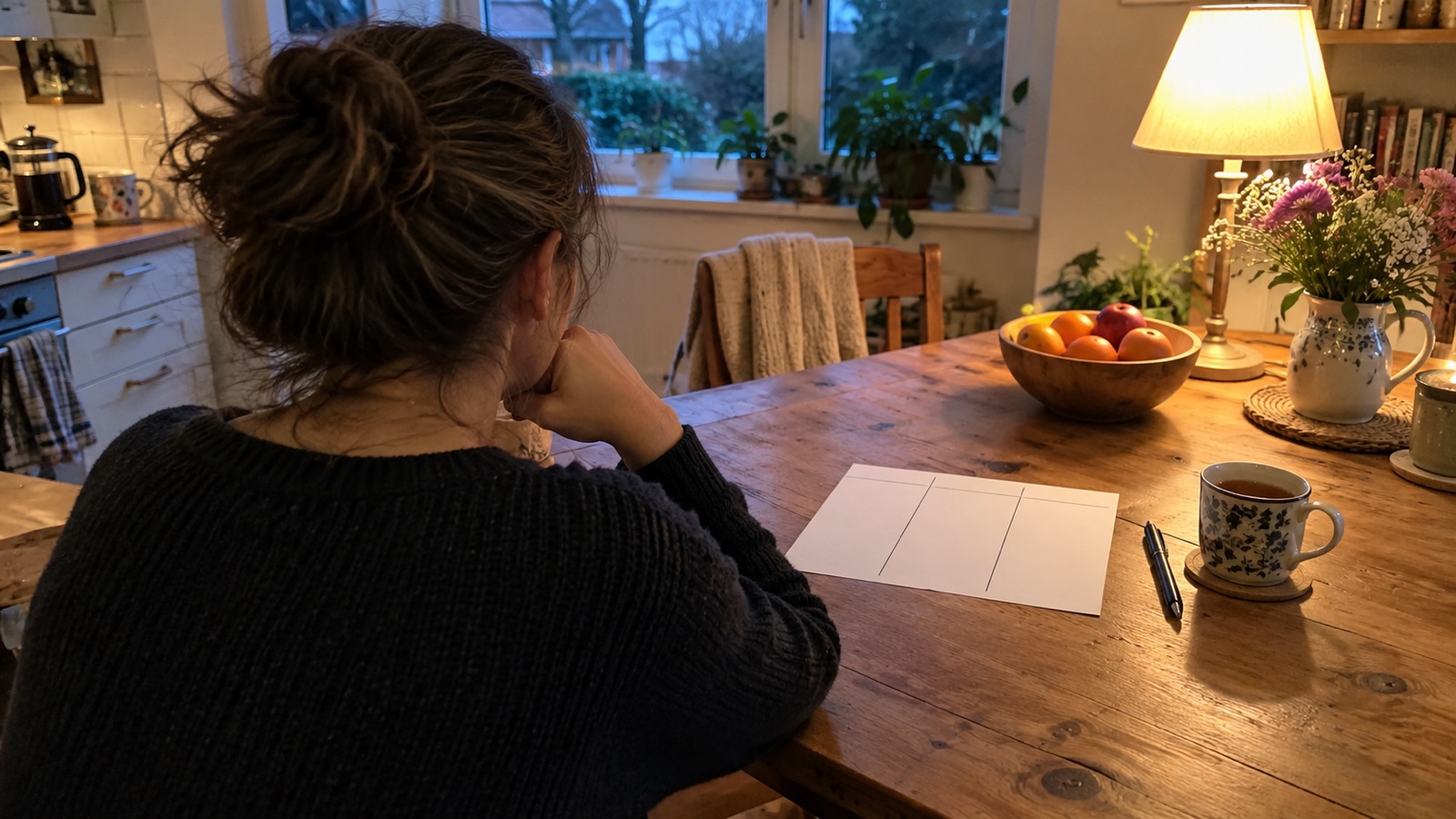 Une personne de dos, le menton dans la main, assise à une table de cuisine en fin de journée devant une feuille de papier et une tasse de thé, dans la lumière d'une fenêtre