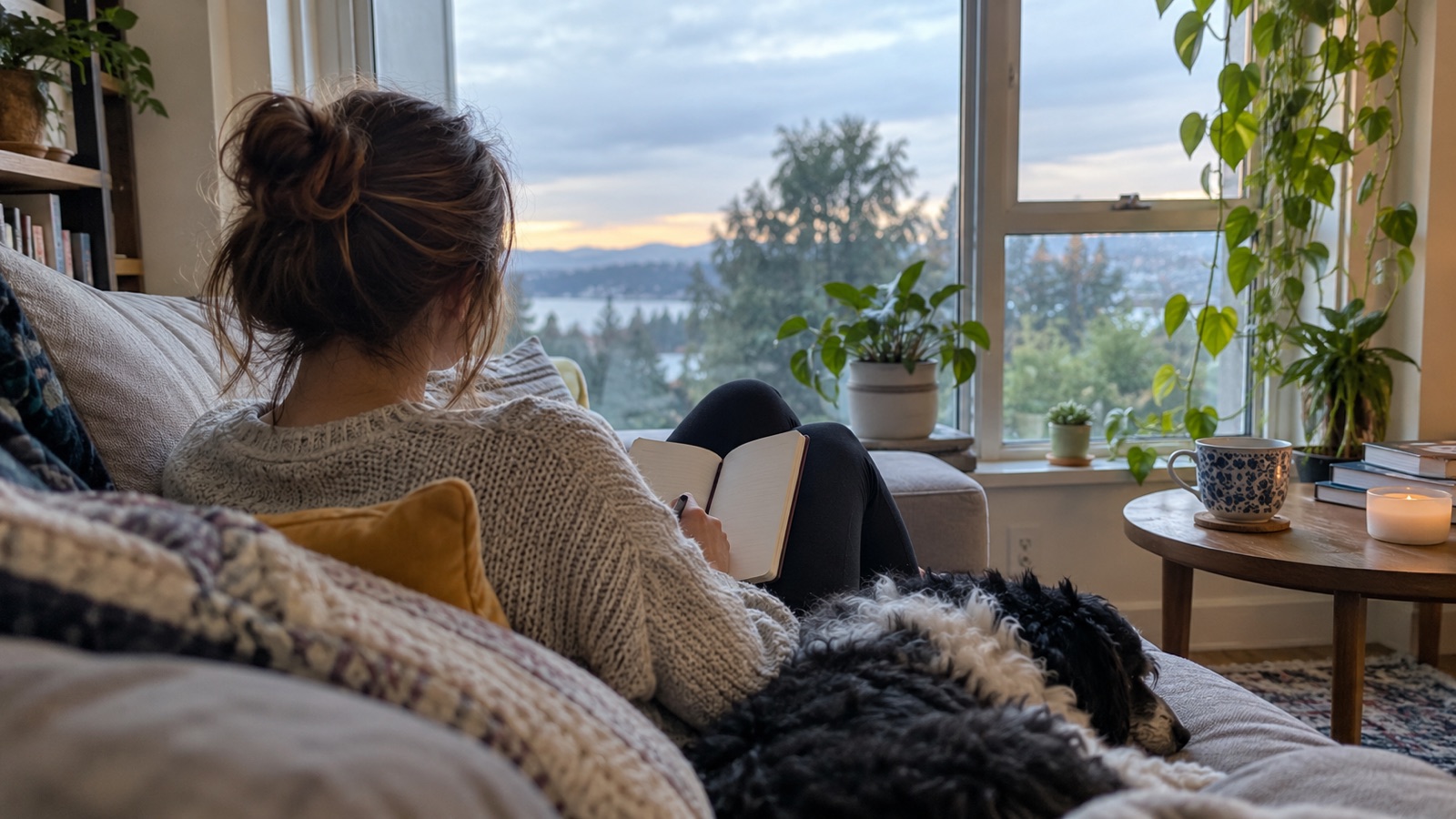Une personne vue de dos sur un canapé près d'une grande fenêtre, un carnet ouvert sur les genoux, avec un chien couché à côté et des plantes, dans la lumière calme de la fin de journée
