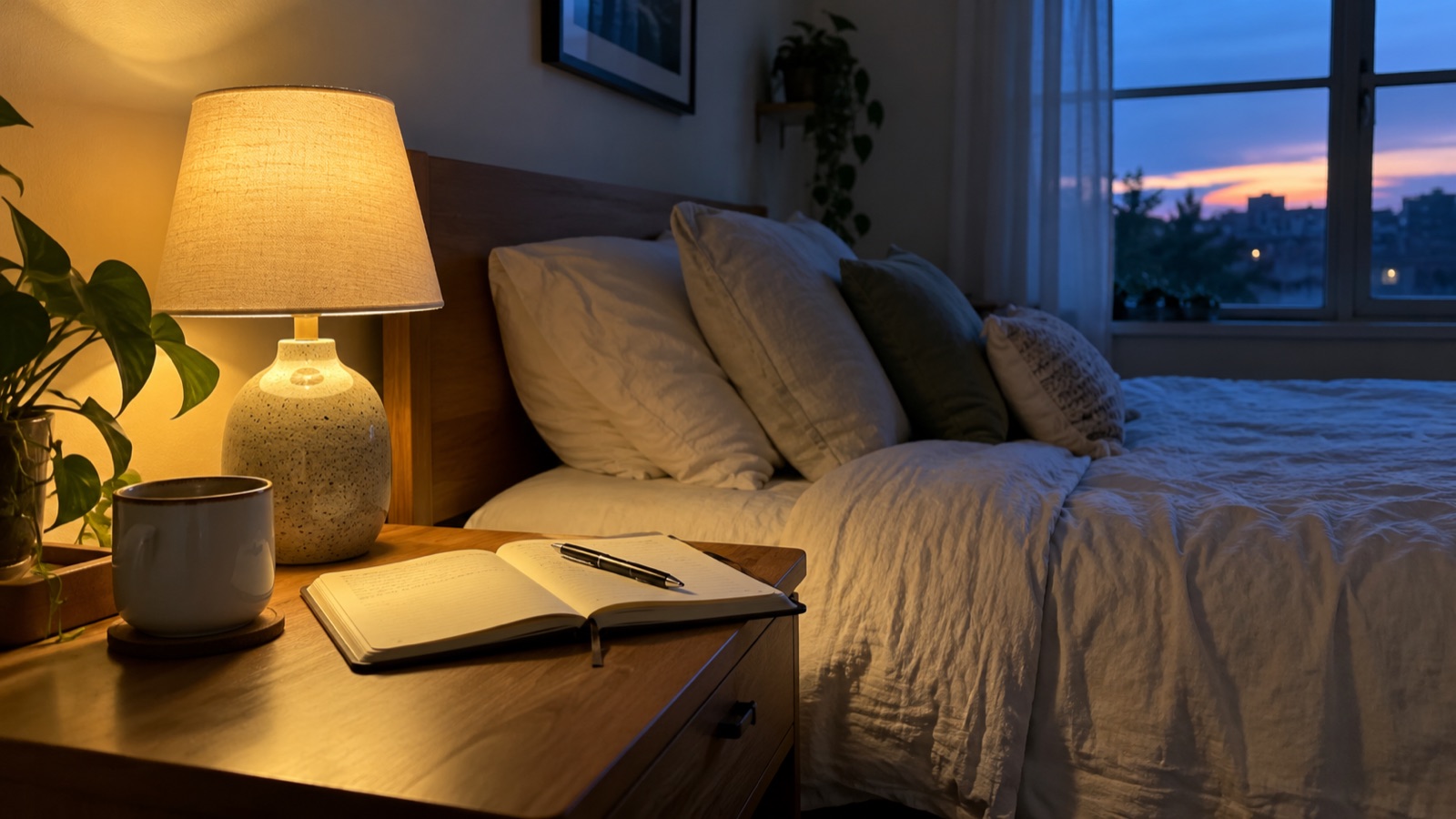 Une lampe de chevet allumée sur une table de nuit, à côté d'un carnet ouvert et d'un stylo, dans une chambre calme au crépuscule