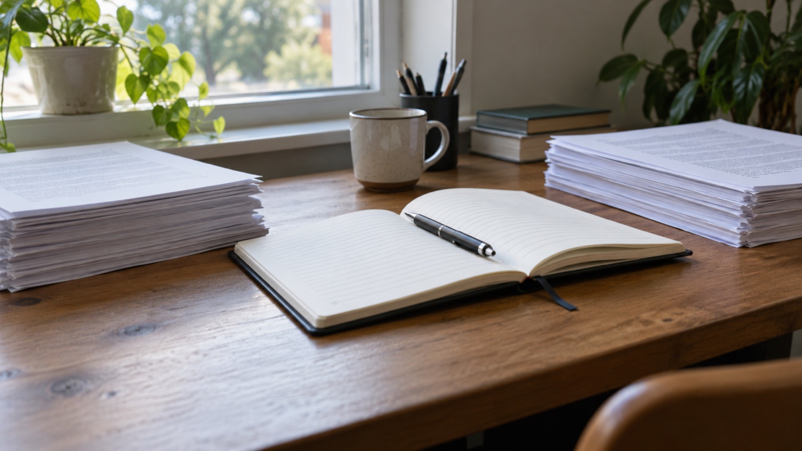 Deux piles de feuilles imprimées sur une table, avec un carnet ouvert et un stylo entre elles