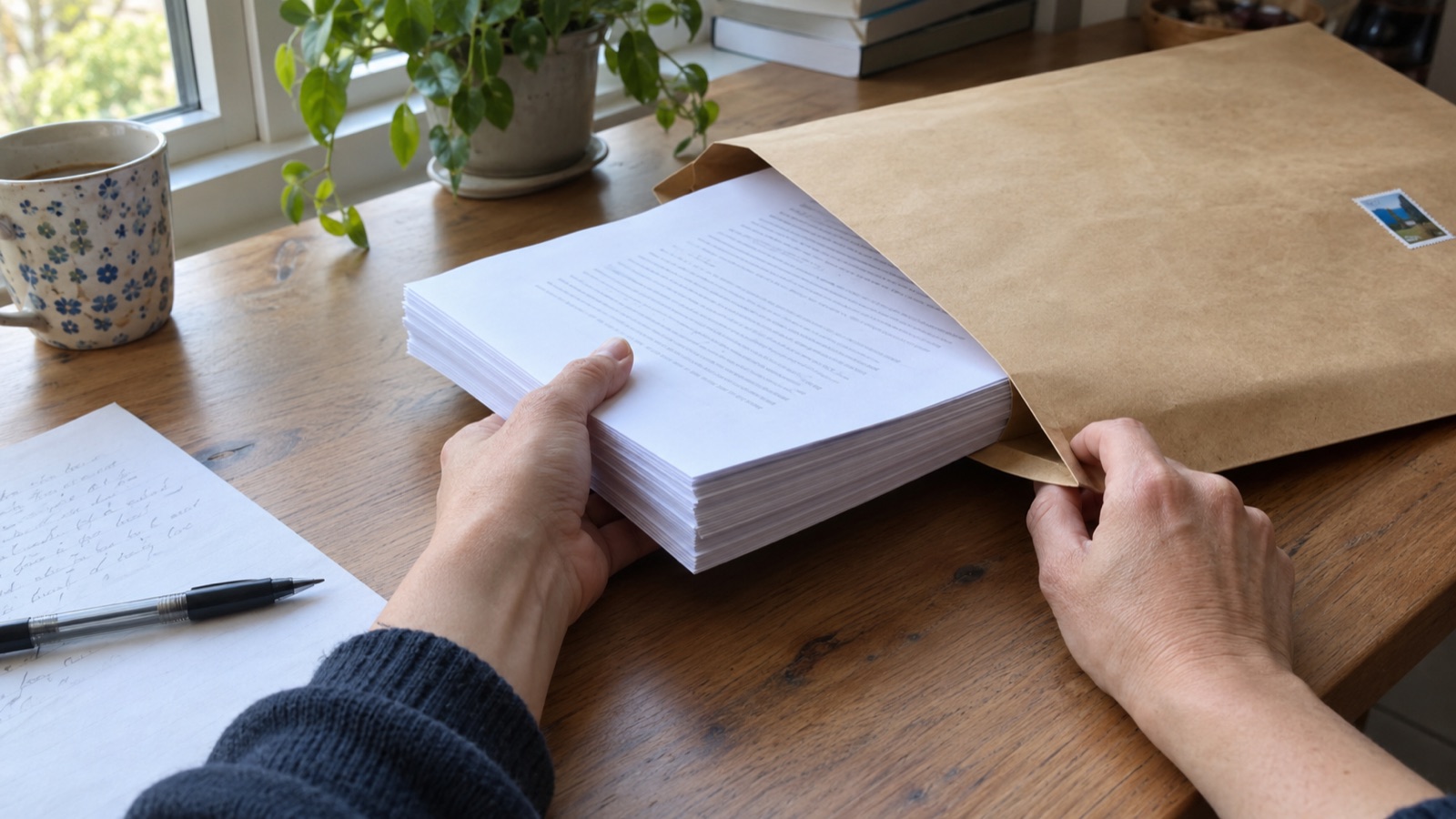 Un manuscrit imprimé posé sur une table, avec une lettre, une enveloppe et un stylo à côté