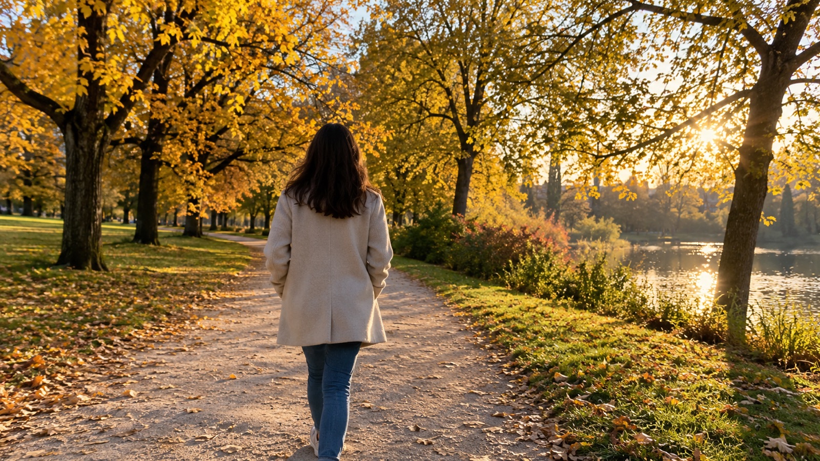 Une personne de dos marchant sur un chemin de parc au soleil couchant, les mains dans les poches d'un manteau clair, entre des arbres aux feuilles dorées, pour lâcher prise au quotidien