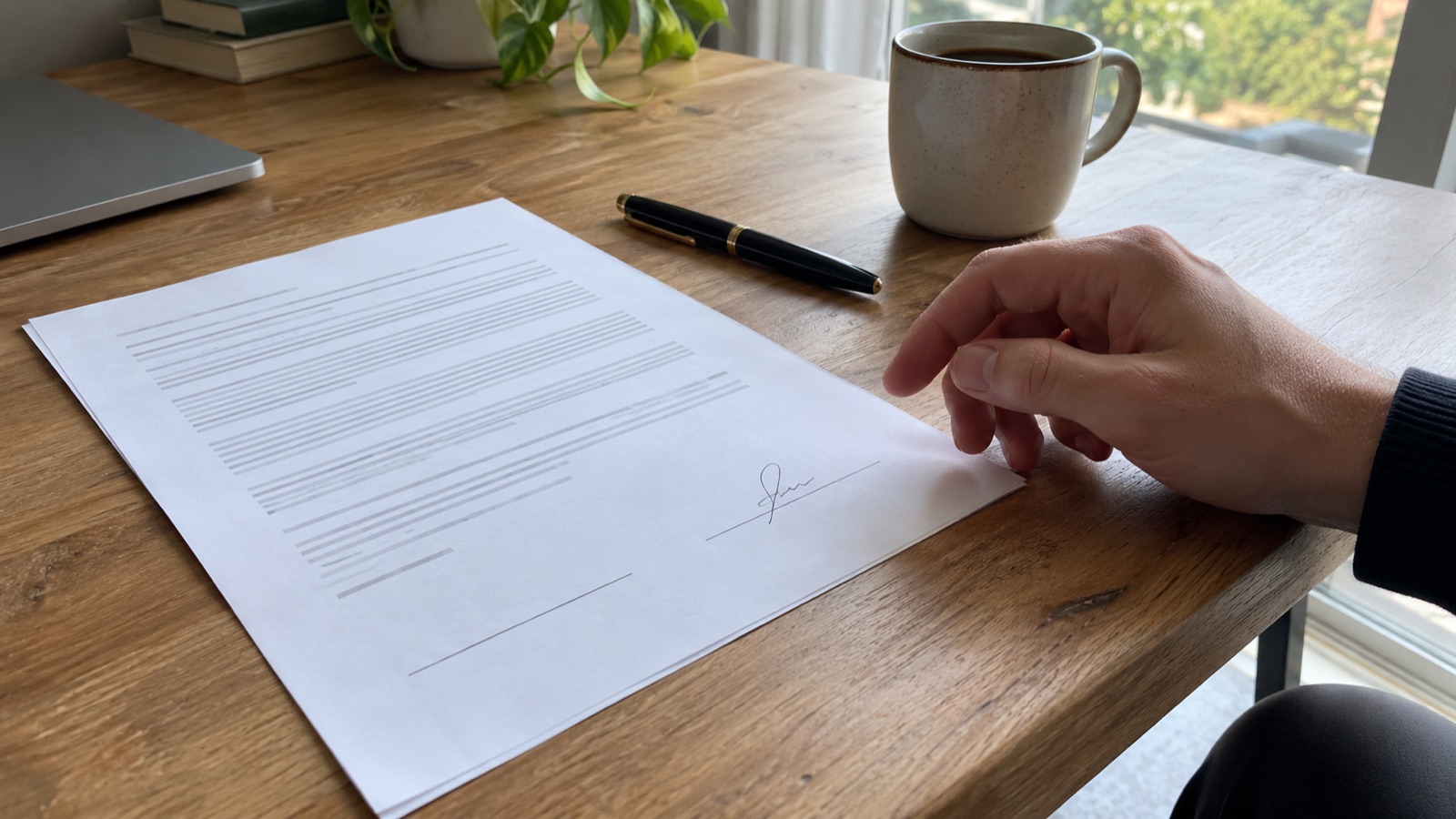 Un contrat posé sur un bureau en bois, une main qui hésite au-dessus de la page, un stylo capuchonné et une tasse de café