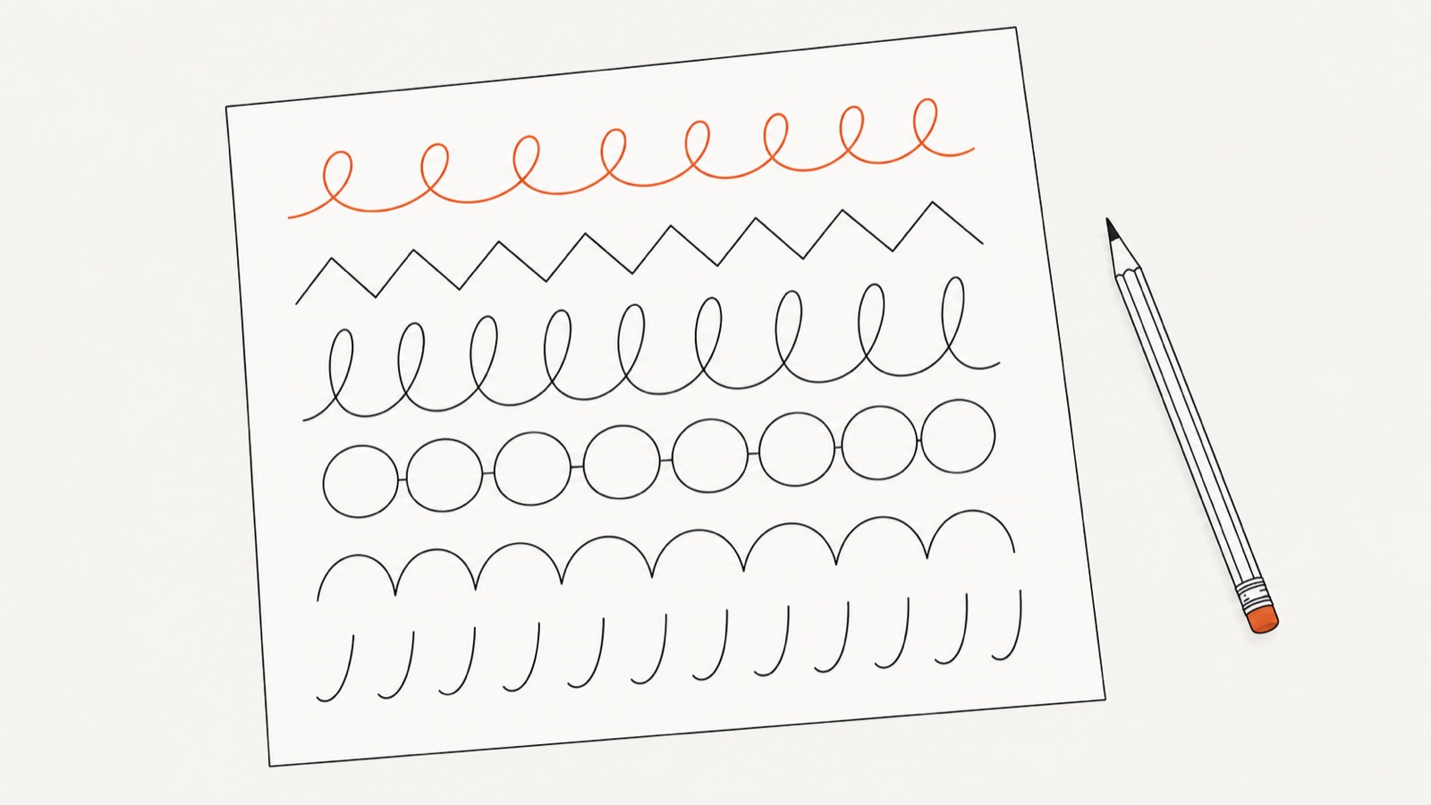 Feuille d'exercices de graphisme : boucles, pointes, grandes boucles, ronds, ponts et traits qui descendent