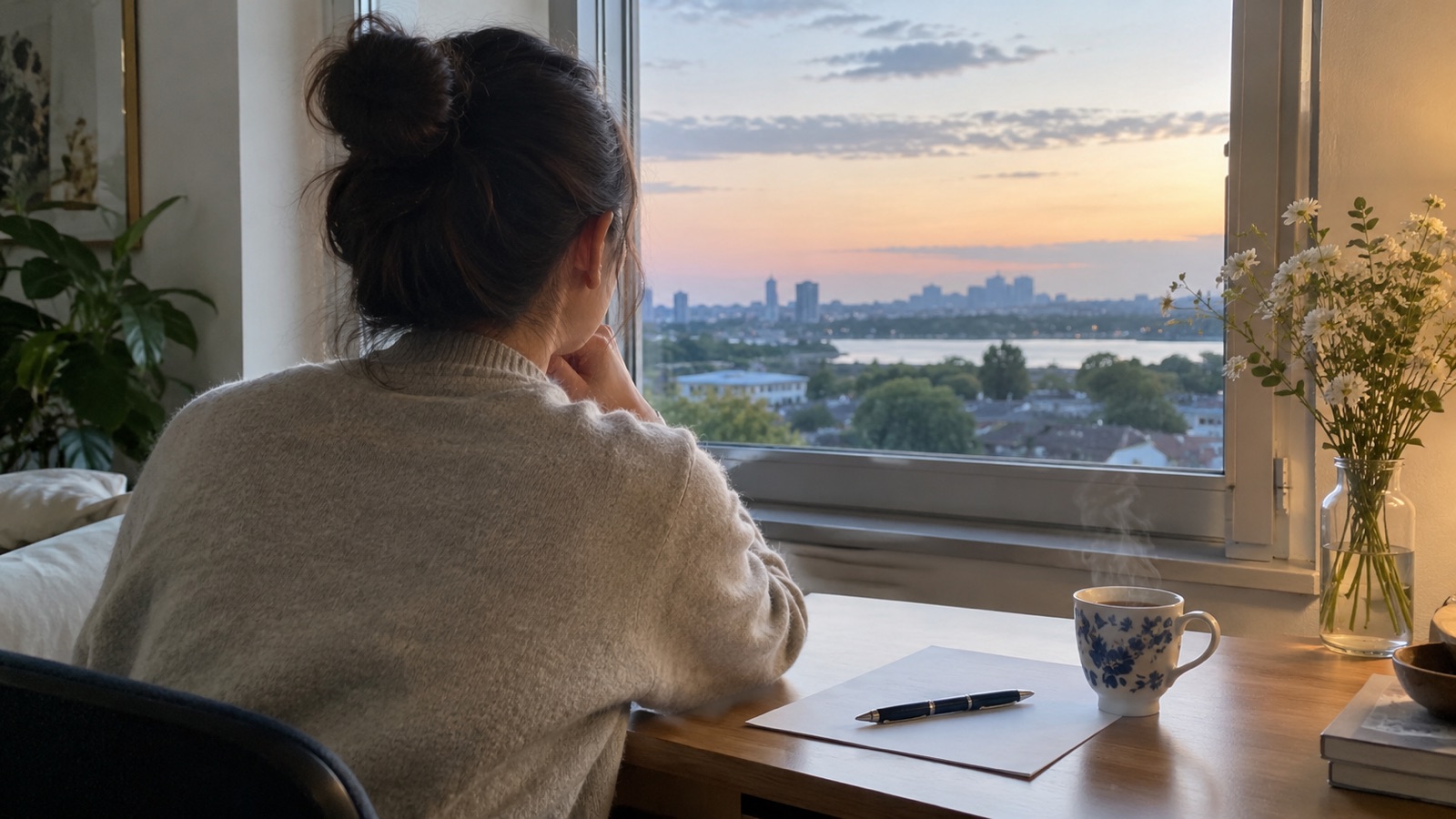 Une personne de dos, les cheveux relevés, assise à un bureau devant une fenêtre qui donne sur la ville au coucher du soleil, avec une feuille, un stylo et une tasse de thé devant elle