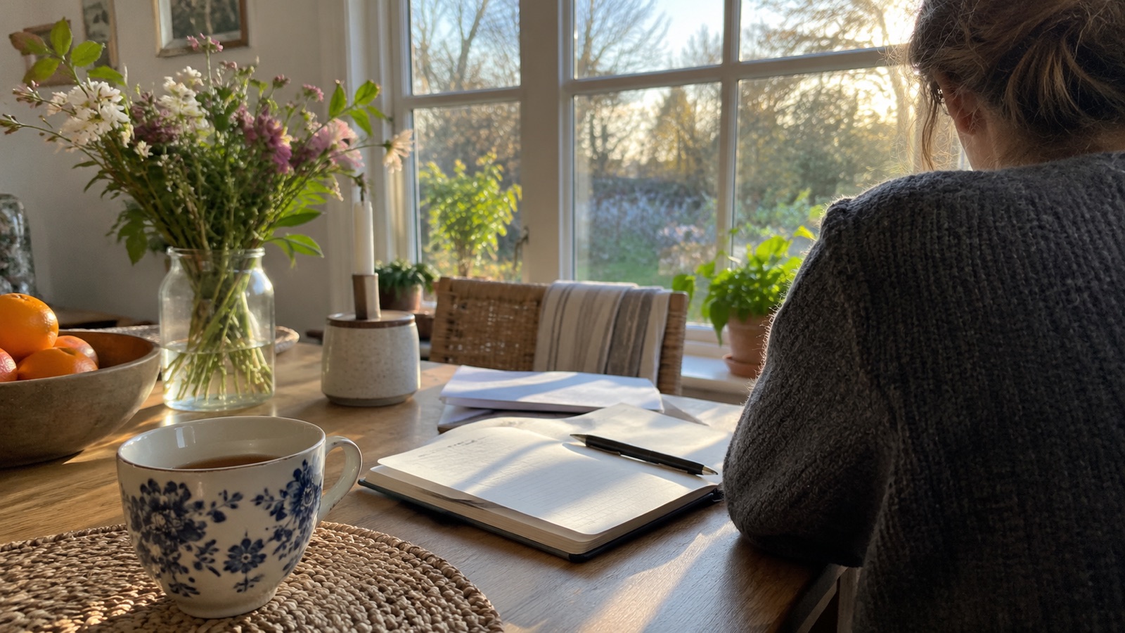 Une personne vue de dos à une table de cuisine près d'une fenêtre, avec une tasse de thé et un carnet ouvert, dans la lumière douce de fin de journée