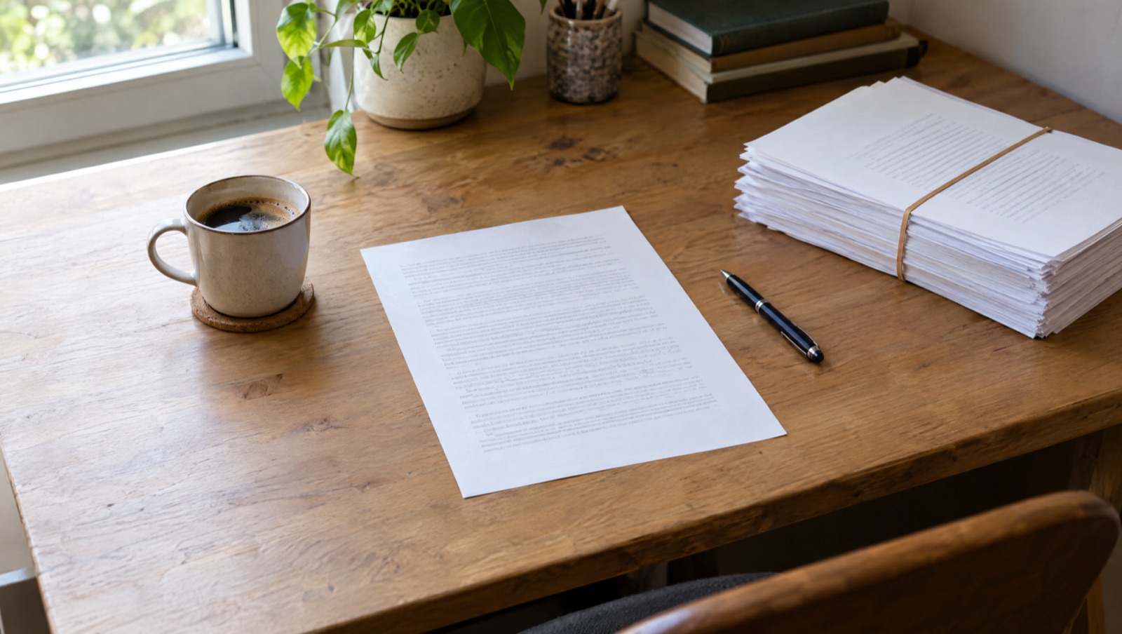 Une table de travail vue de dessus, avec une feuille dactylographiée d'une seule page, un stylo et une tasse de café, à côté d'une pile de pages de manuscrit