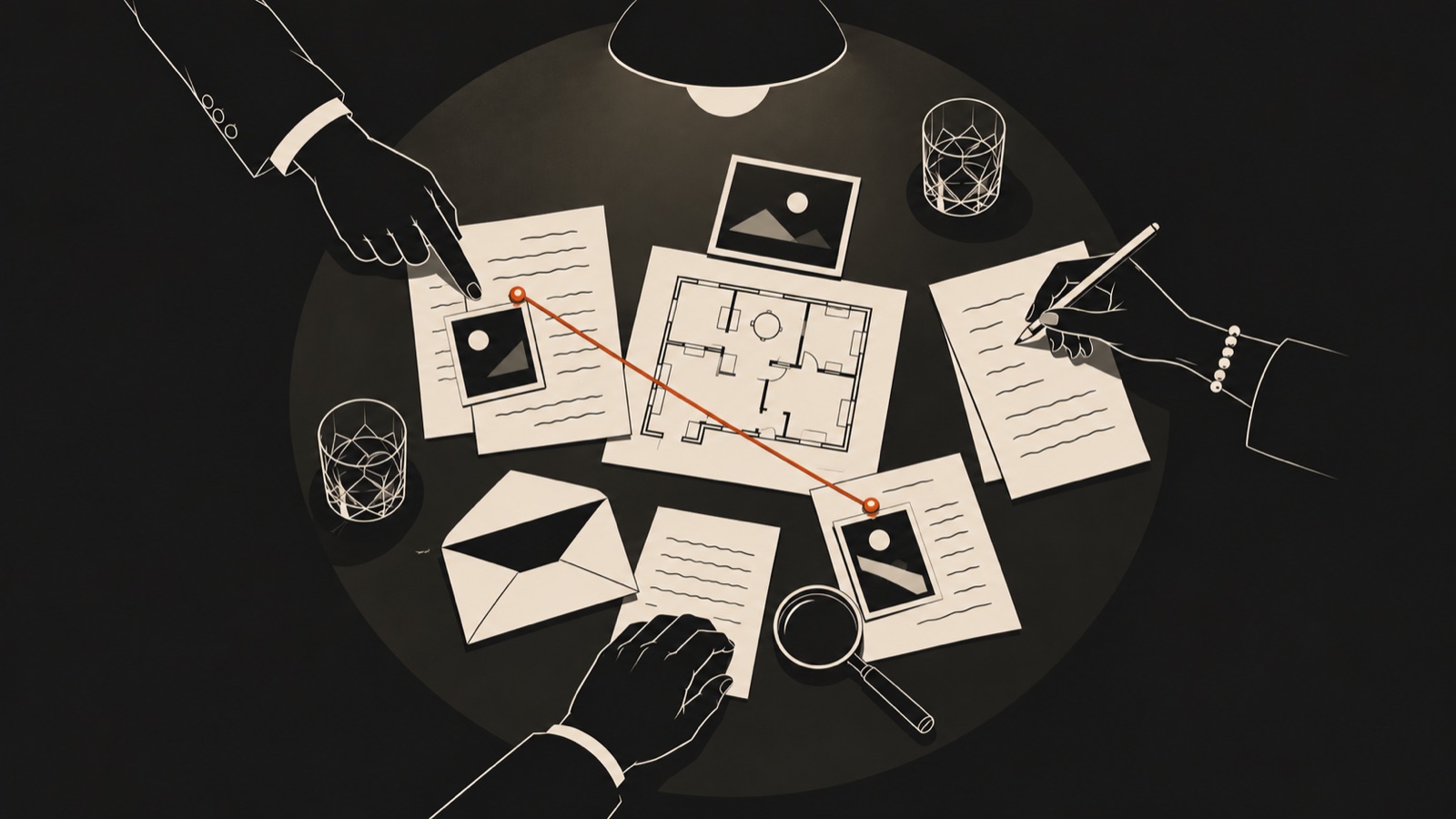 Table d'enquête de nuit sous une lampe : feuilles de dossier, plan de maison, photos, enveloppe, loupe et verres, des mains qui relient deux indices par un fil orange
